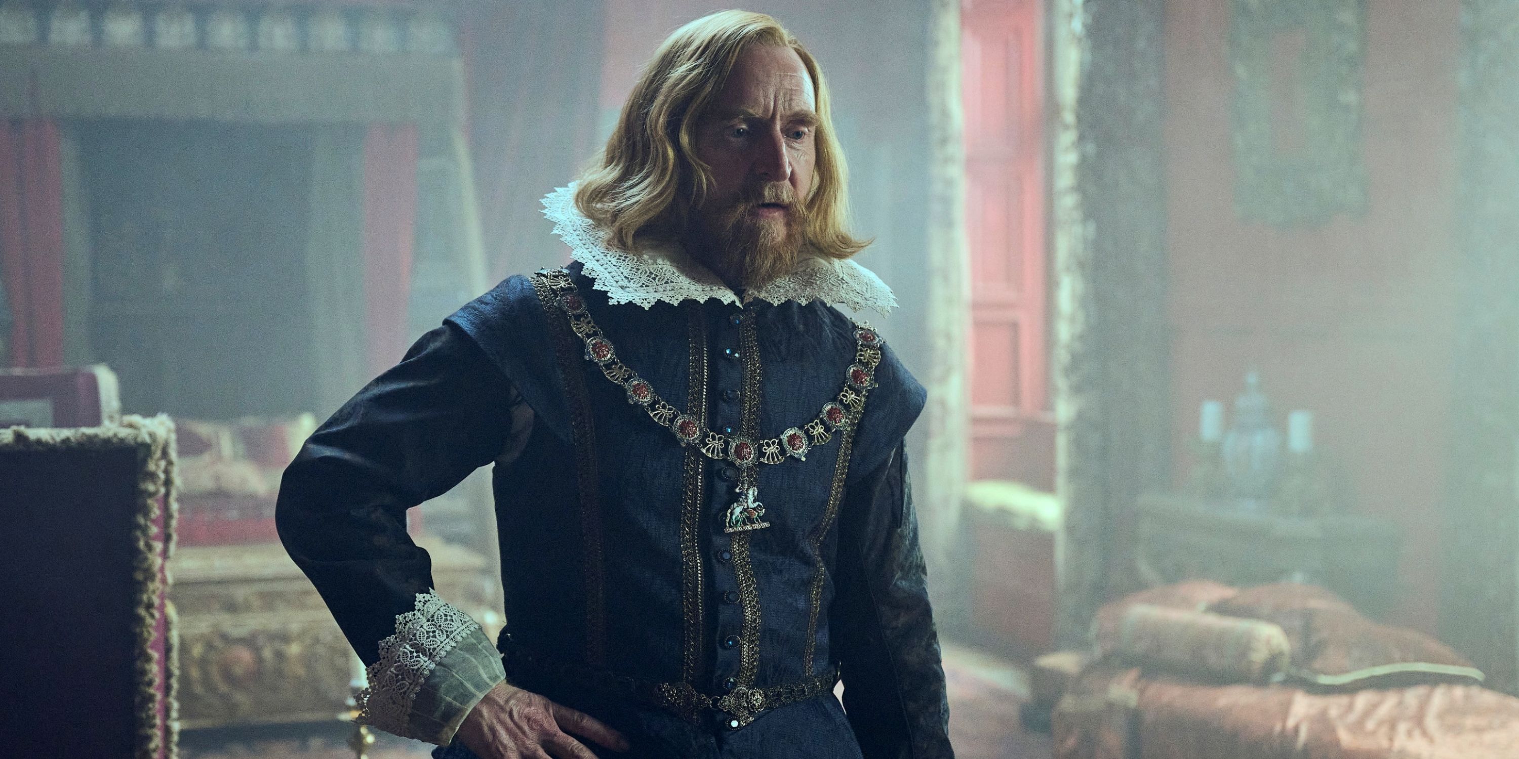 Tony Curran as King James dressed in blue with white lace collar and cuffs in Episode 5 of Mary & George