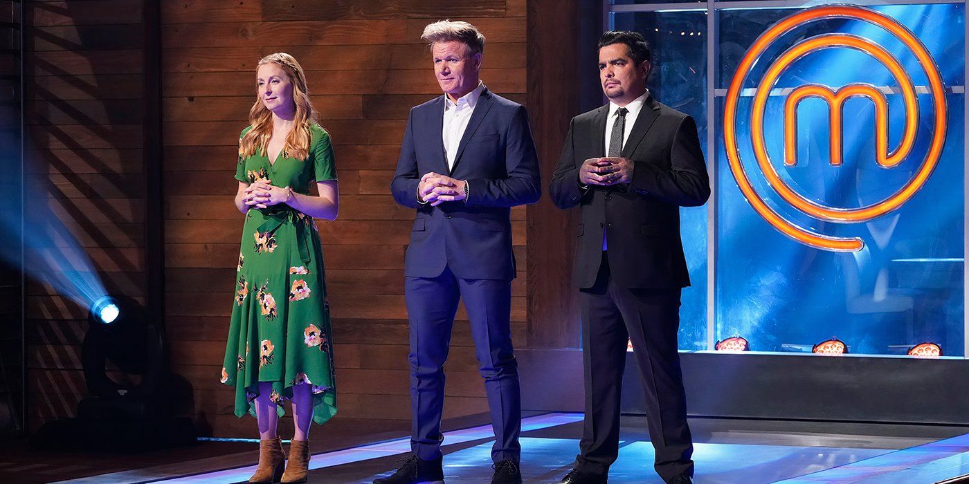 Christina Tosi, Gordon Ramsay, and Aaron Sanchez all dressed up standing with their hands together in front of them on Masterchef.