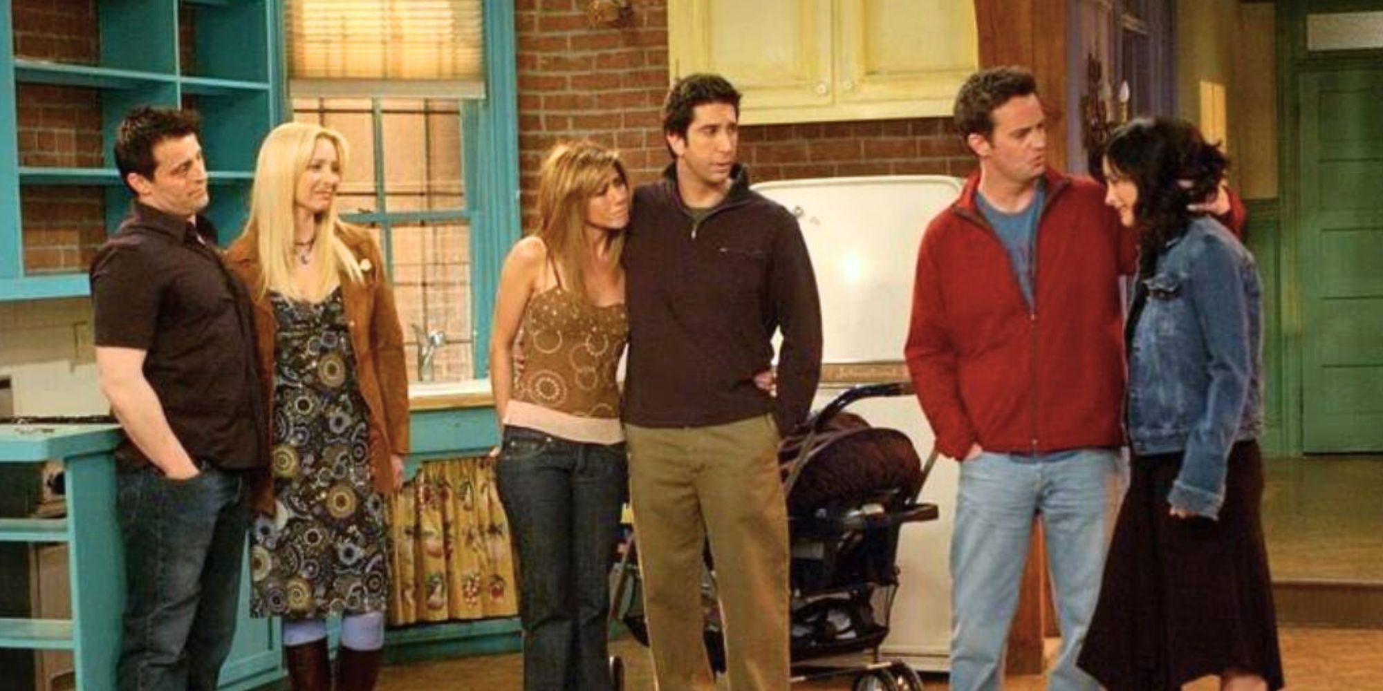 Matt LeBlanc, Lisa Kudrow, Jennifer Aniston, David Schwimmer, Matthew Perry, Courteney Cox in Friends.