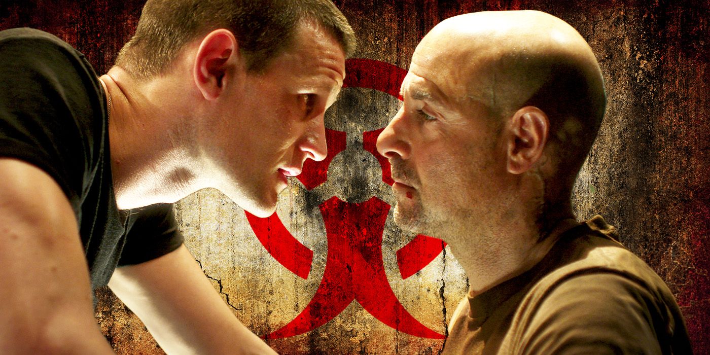 Custom image of Matt Smith as Morgan and Stanley Tucci as The Professor having a tense conversation in Patient Zero