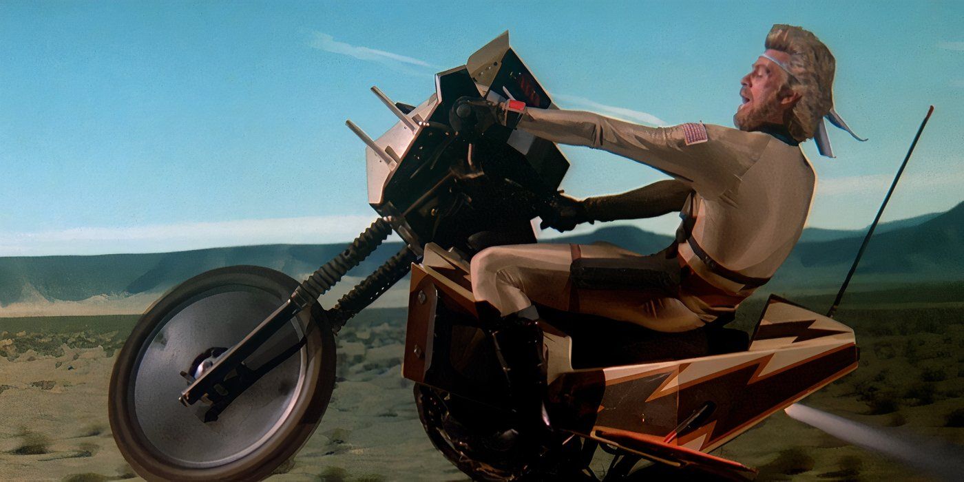 Barry Bostwick as Ace Hunter, riding one of the fully functional motorcycles in Megaforce.