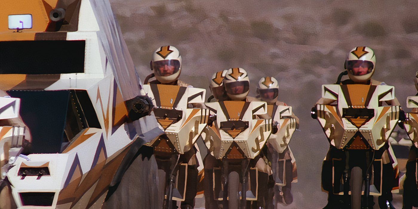 People on motorcycles wear matching helmets as Megaforce, riding into battle in MegaForce.