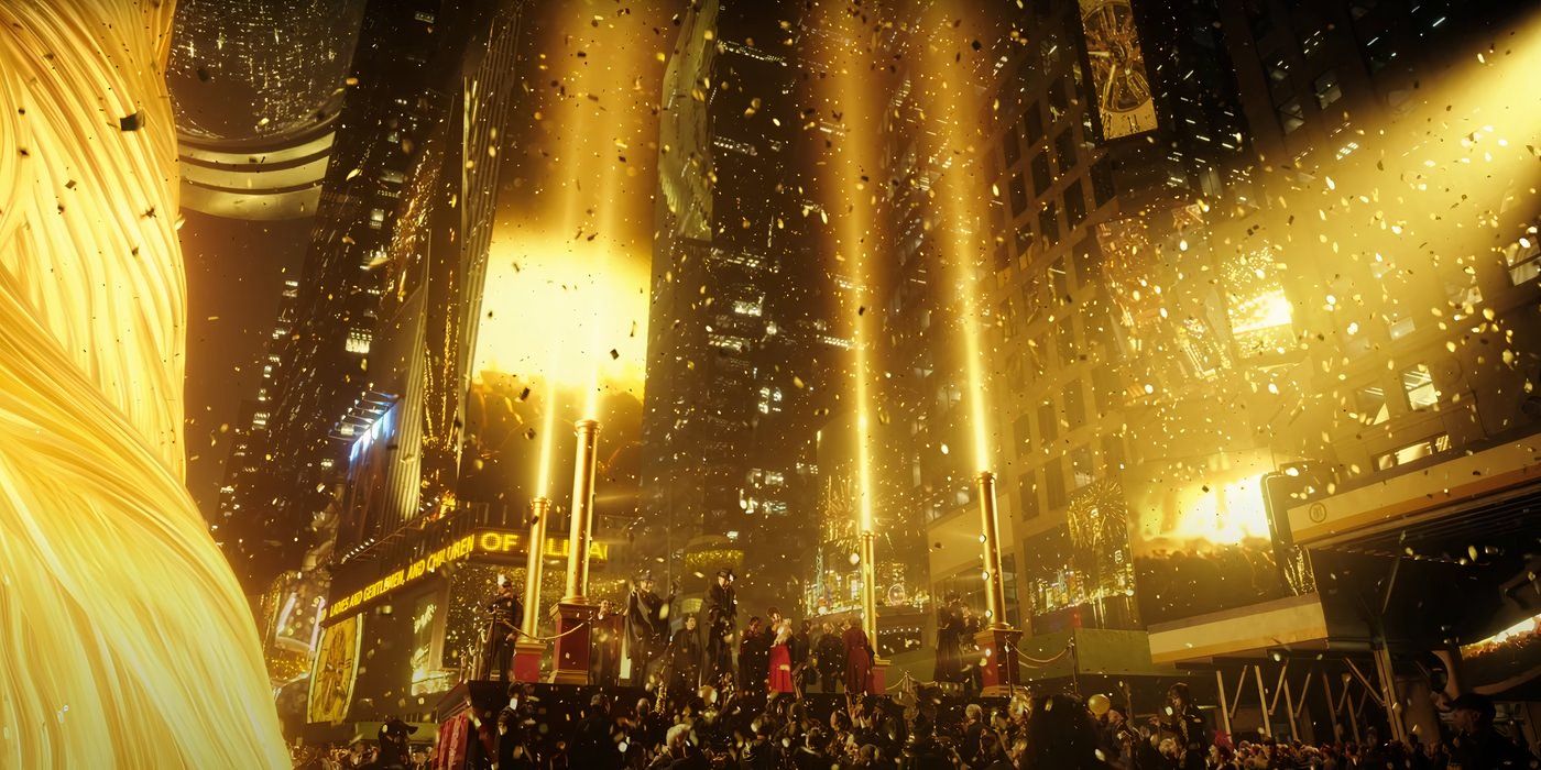 A celebration occurring with golden confetti in a futuristic version of Times Square.
