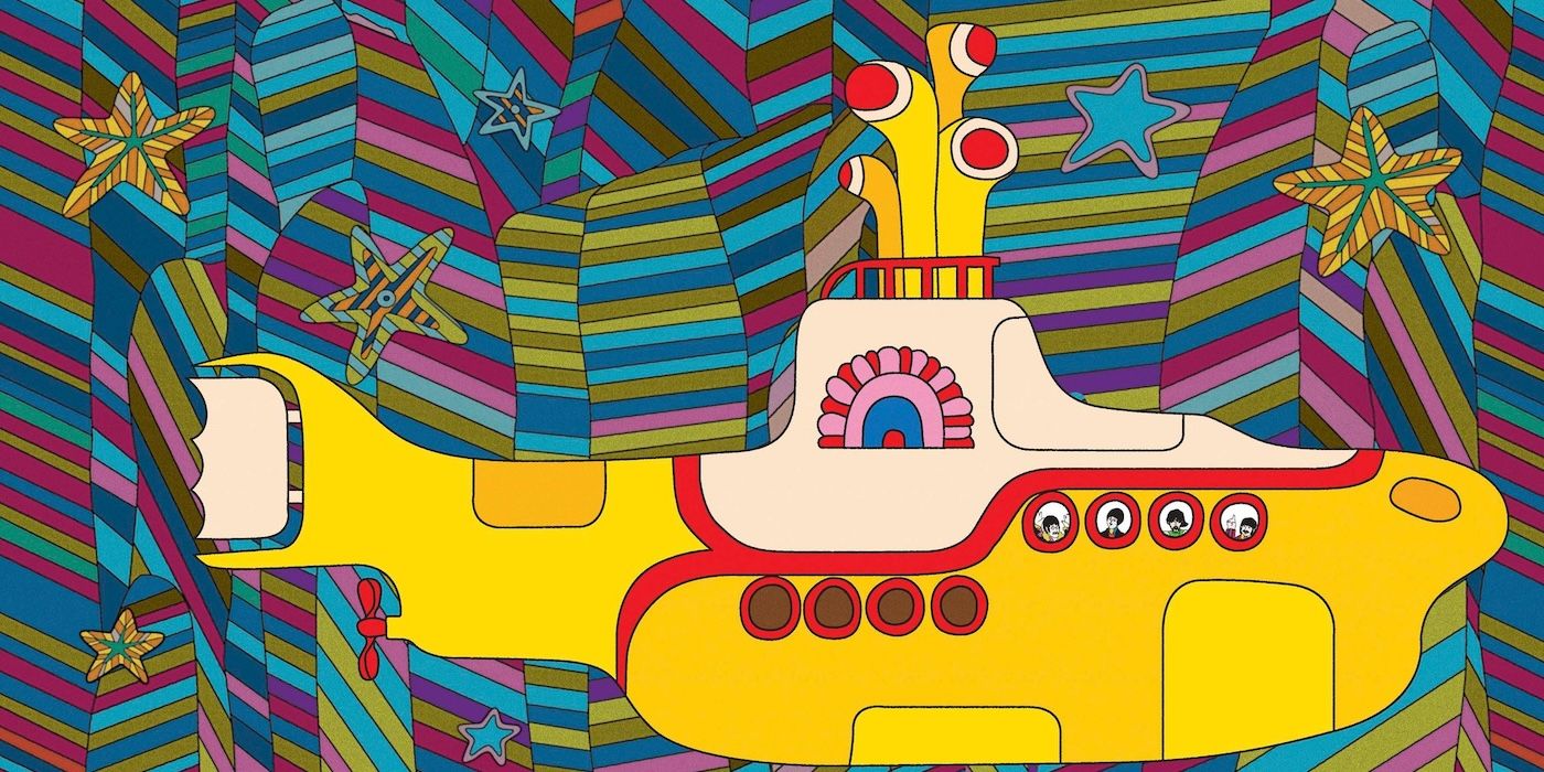 A Yellow Submarine against a psyhodelic background