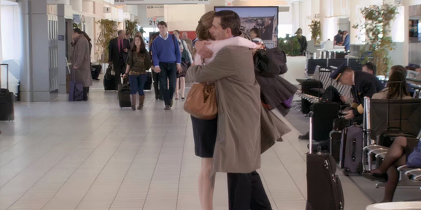 Michael and Pam hugging in the Office 