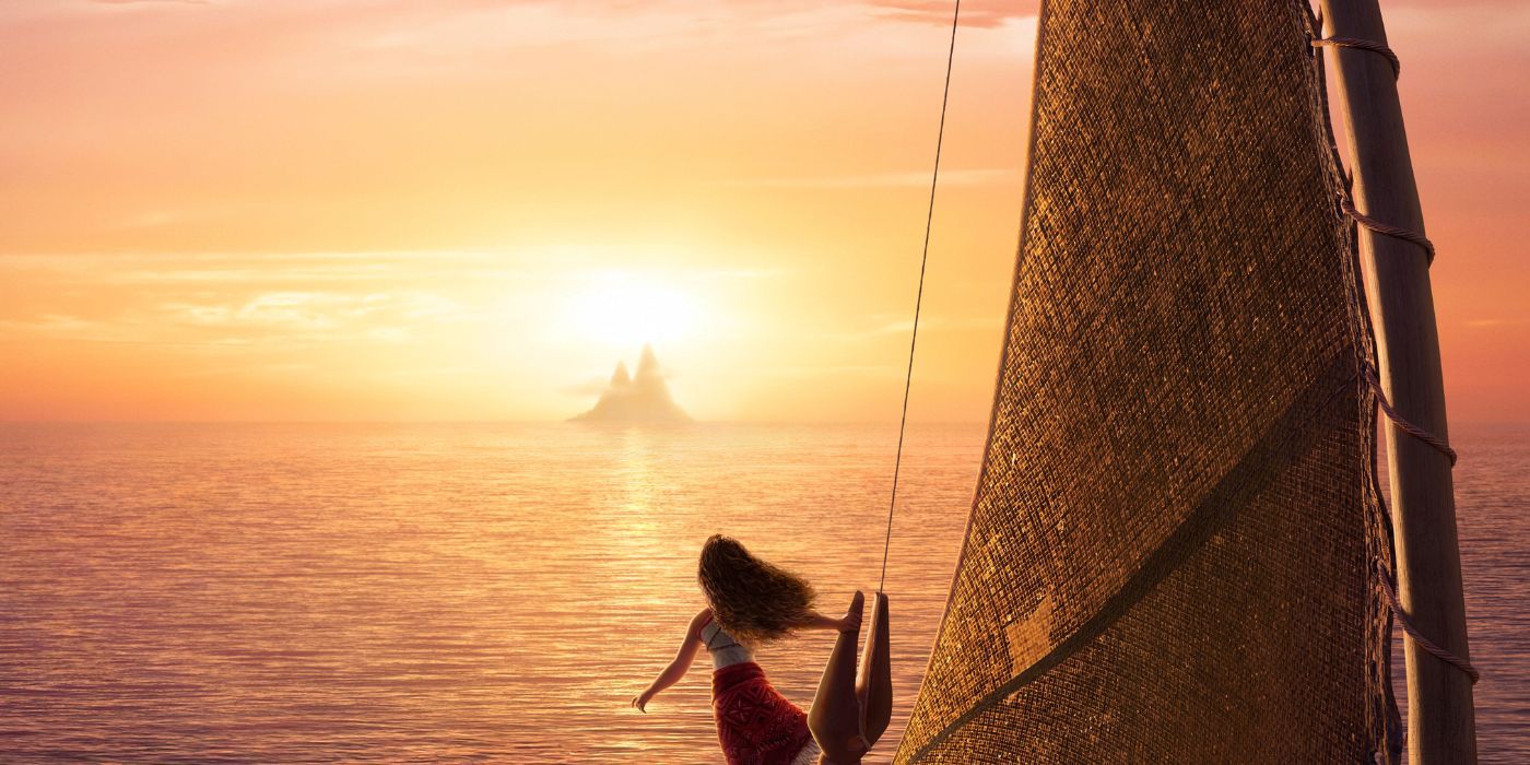 Moana standing next to the sail on a sailboat, looking out at an island during sunset.