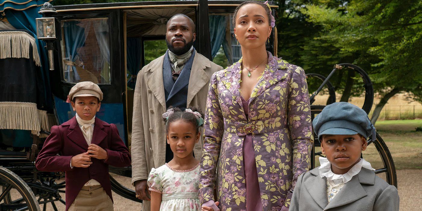 Alice (Emma Naomi) and Will (Martins Imhangbe) exiting a carriage with their children in Bridgerton Season 3