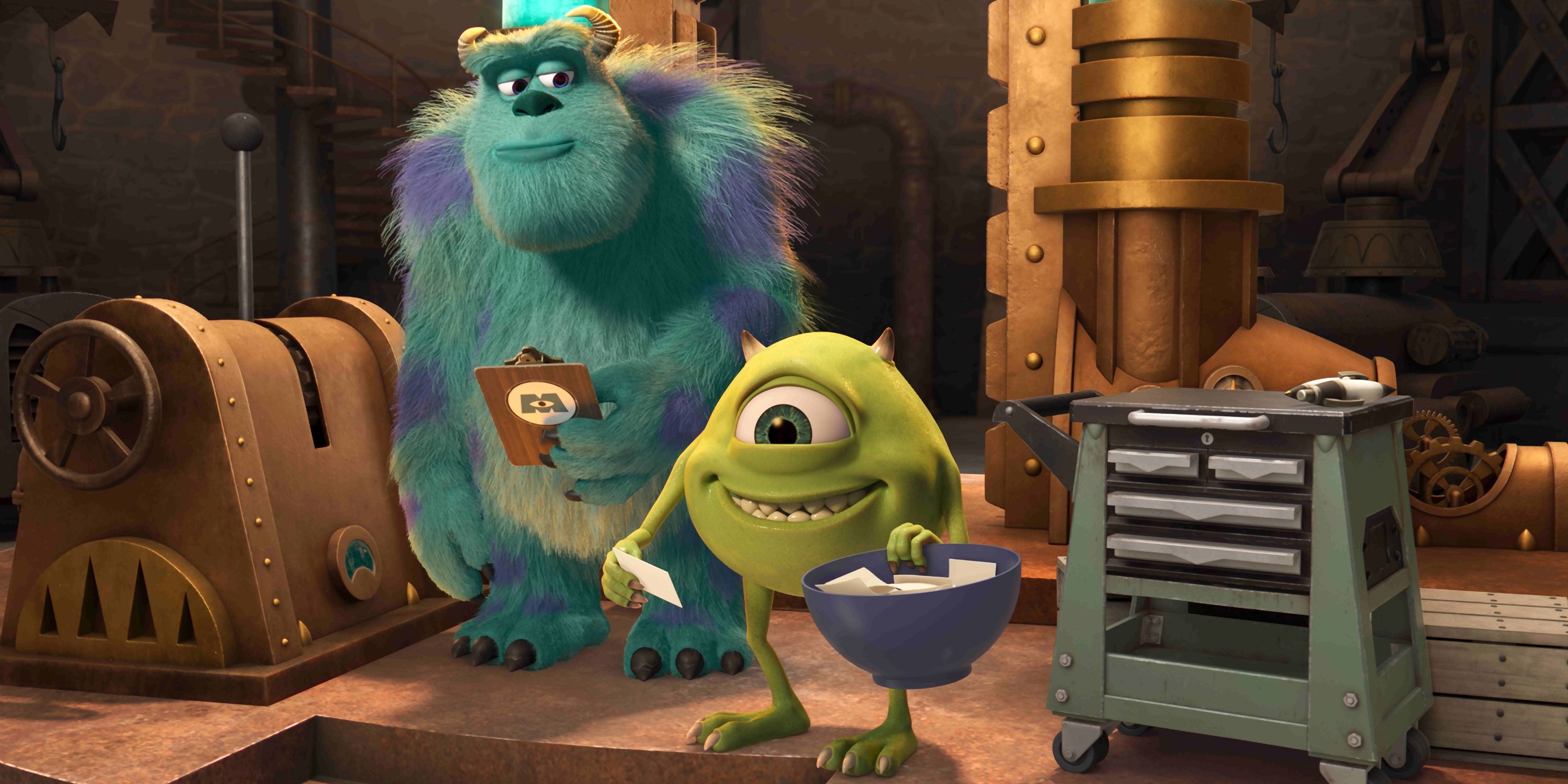 Mike Wazowski and Sulley standing in the Laugh Factory in Season 2 of Monsters at Work