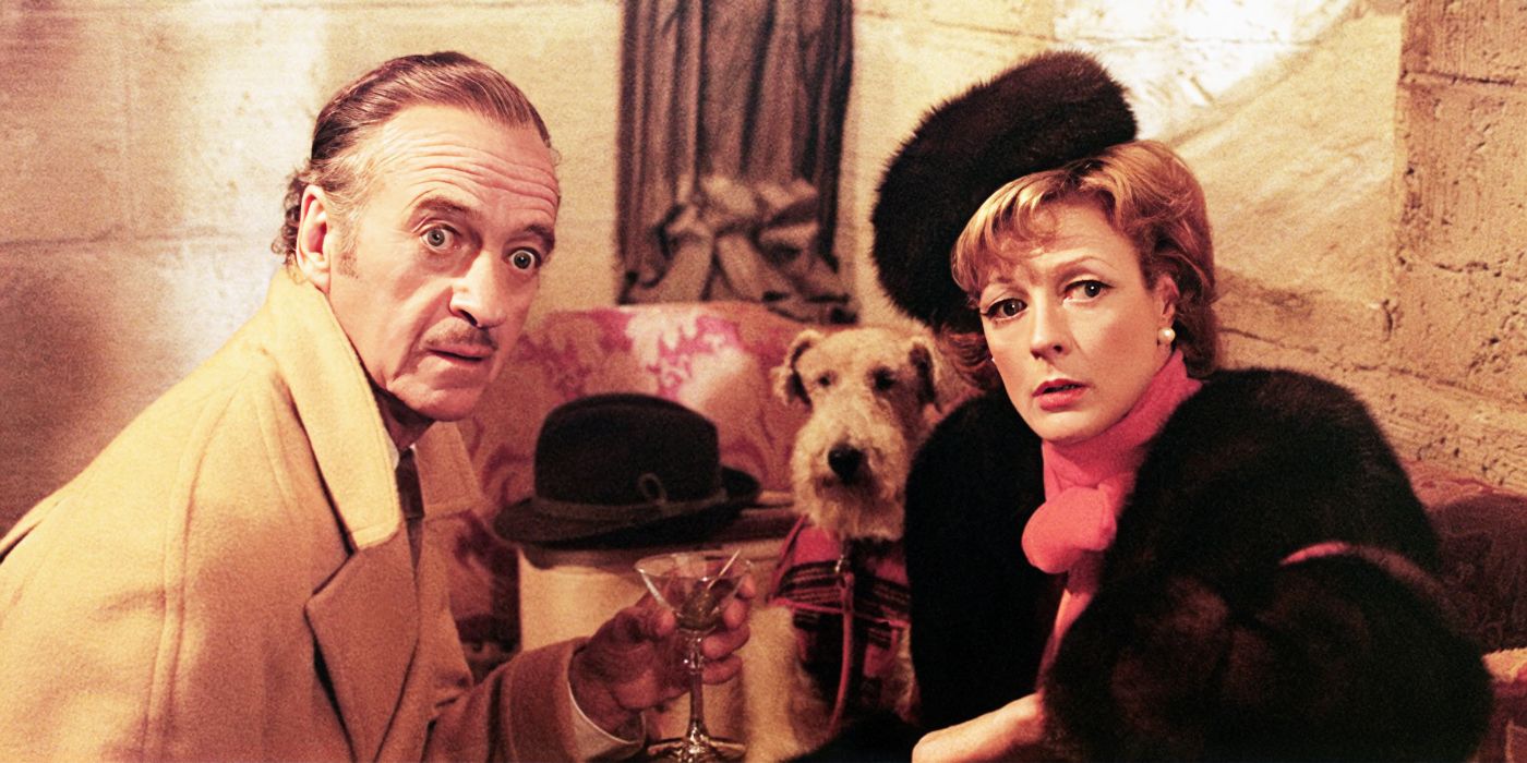 David Niven and Maggie Smith having cocktails in Murder by Death