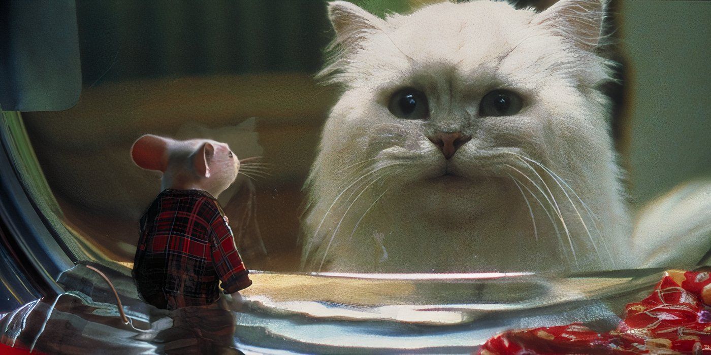 Snowbell staring at a trapped Stuart in 'Stuart Little'