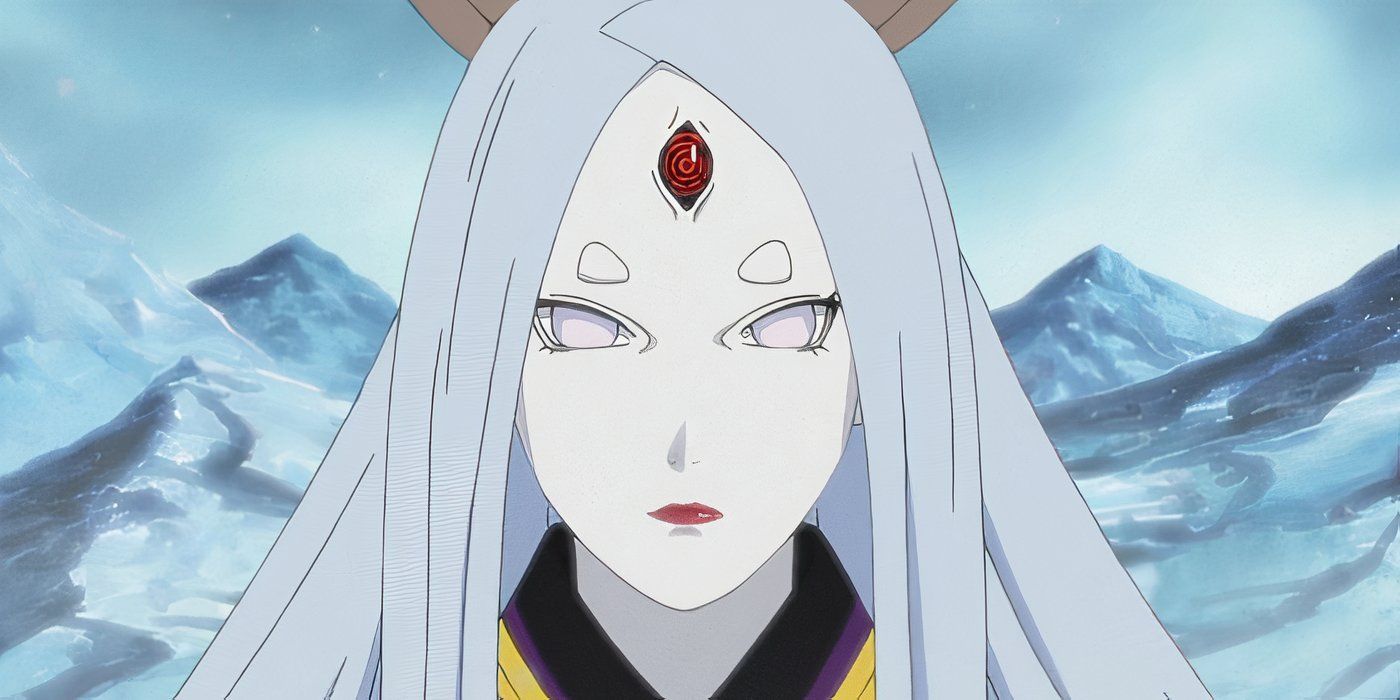 A close-up of Kaguya Otutsuki from 'Naruto: Shippuden' in frozen mountains.