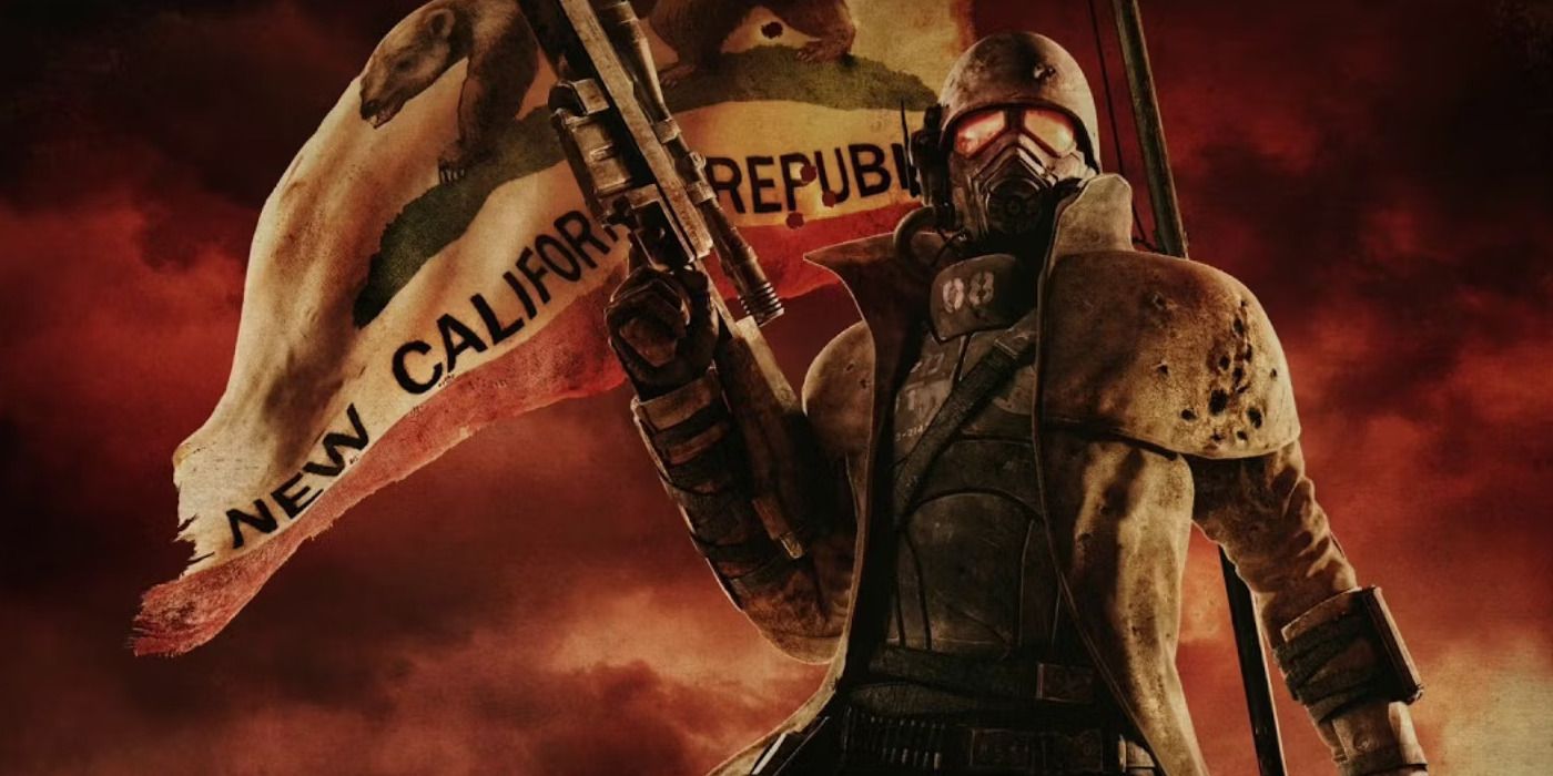 NCR Ranger Standing in front of a New California Republic Flag in Fallout: New Vegas