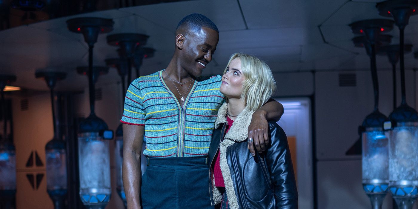 Ncuti Gatwa as the Doctor with his arm around Millie Gibson as Ruby Sunday in Doctor Who