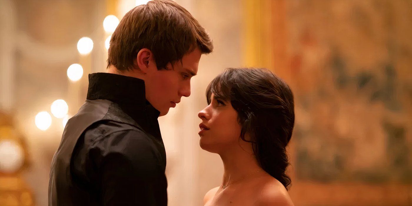 Nicholas Galitzine and Camila Cabello about to kiss in Cinderella