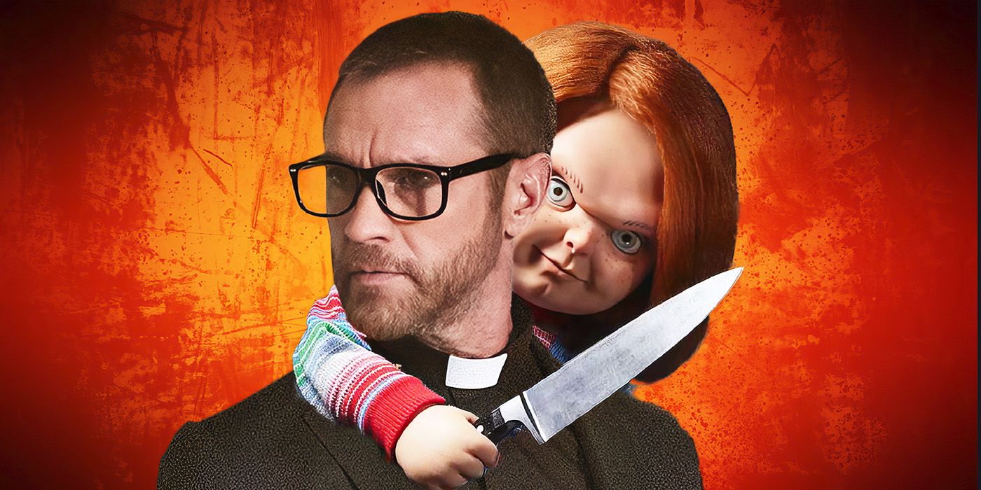 Chucky holding a knife to Devon Sawa's throat, who is dressed as a preacher