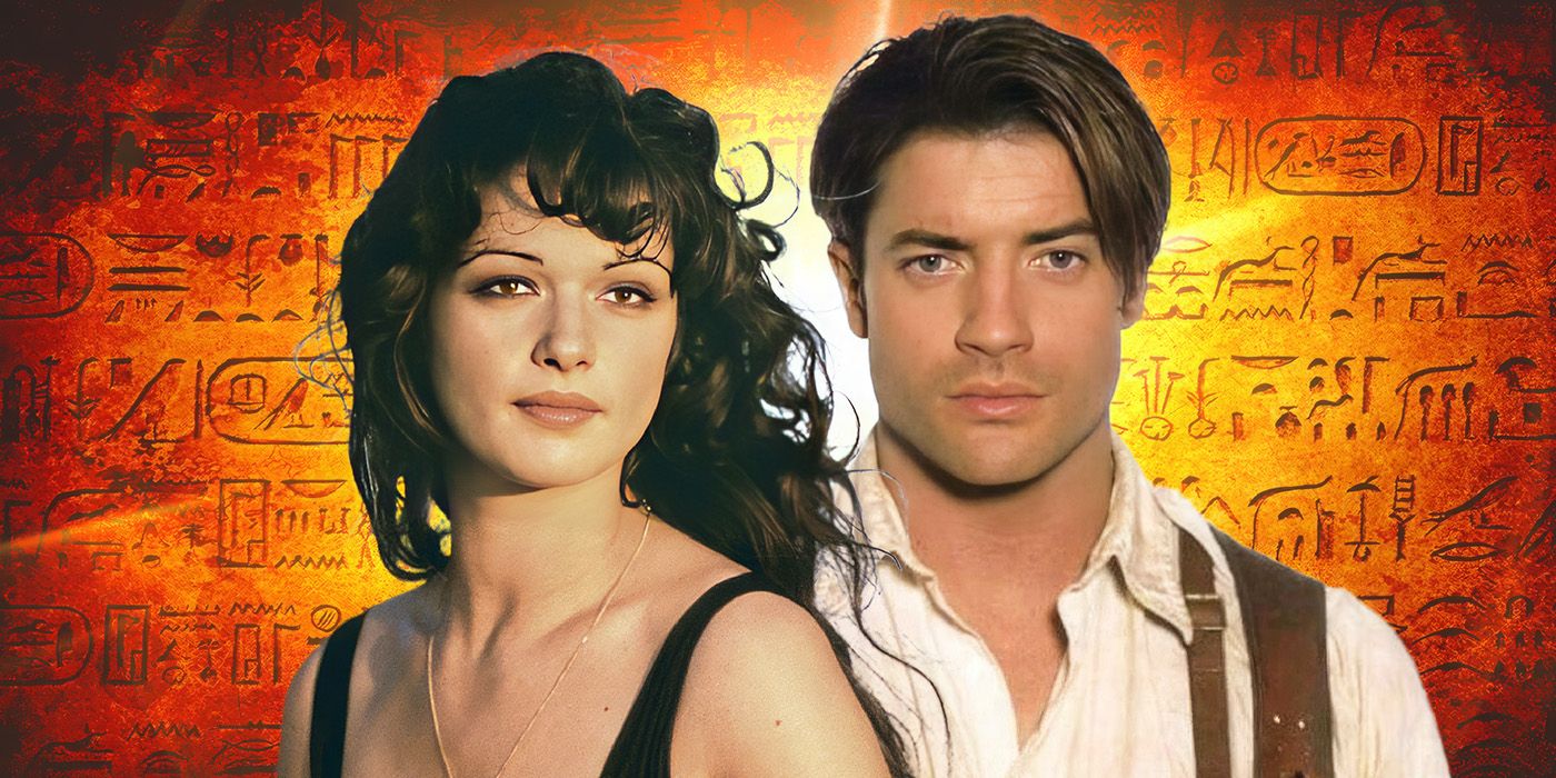 A custom image of Rachel Weisz as Evelyn Carnahan and Brendan Fraser as Rick O'Connell in The Mummy against a background of orange-tinted hieroglyphics