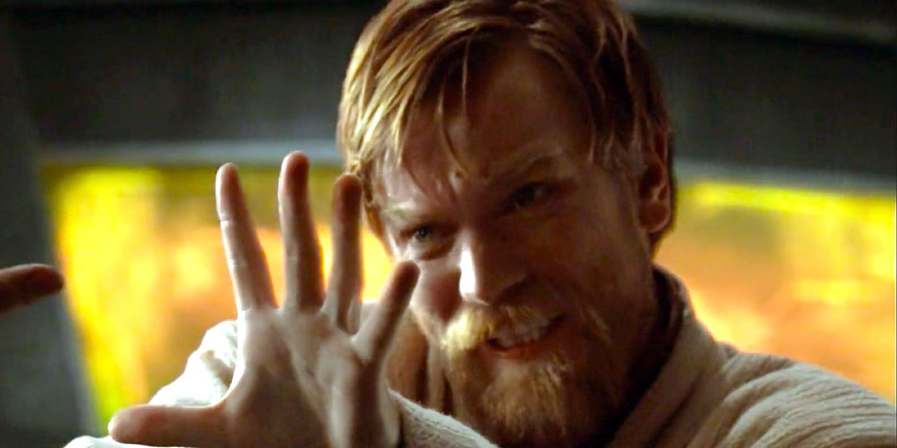 Obi-Wan Kenobi (played by actor Ewan McGregor), strains as he tries to use the Force against his apprentice in Star Wars: Episode III - Revenge of the Sith.