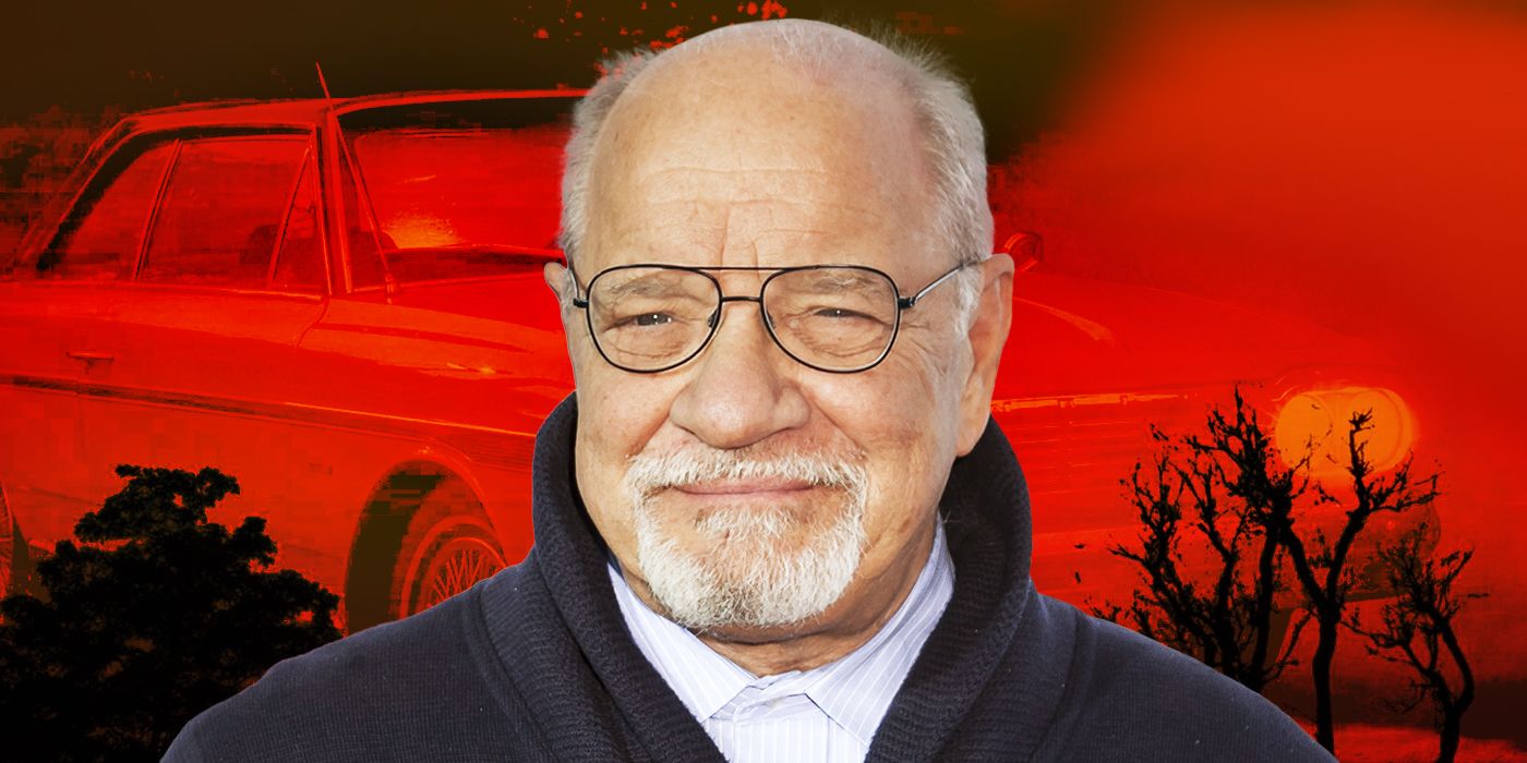 Custom image of Paul Schrader smiling against a red backdrop 