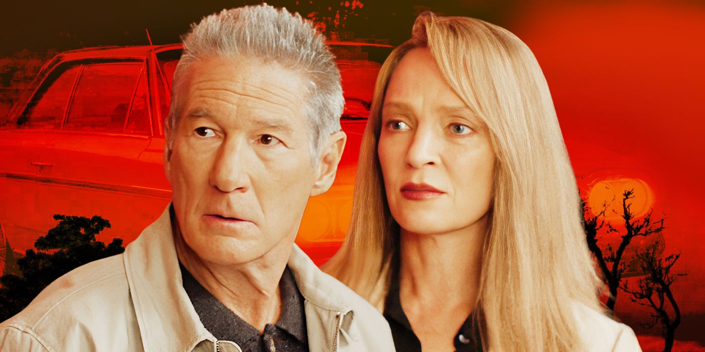 Still of Richard Gere and Uma Thurman from Oh, Canada against red backdrop