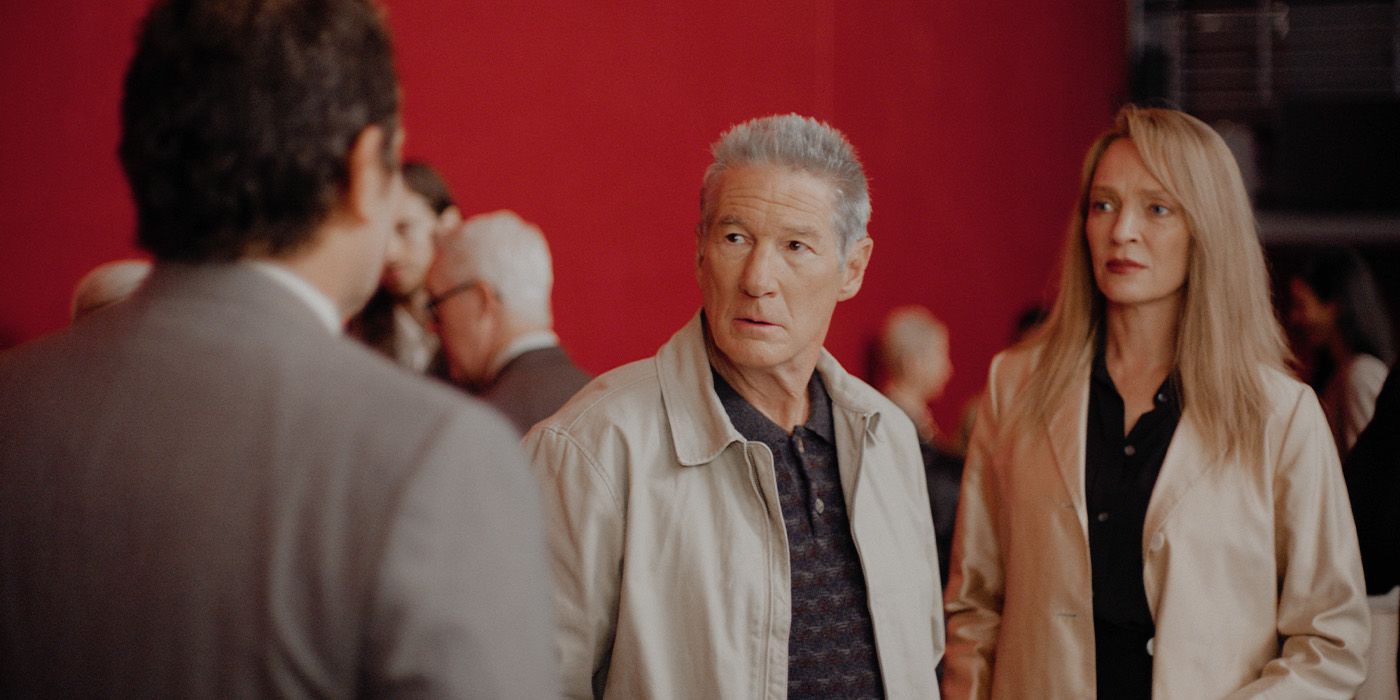 Leonard Fife and Emma, played by actors Richard Gere and Uma Thurman, stand side by side looking concerned in Oh, Canada.