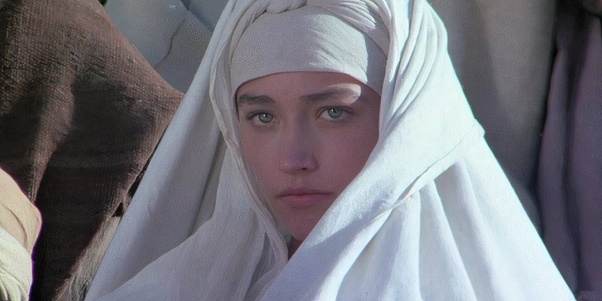 Olivia Hussey as Mary in Jesus of Nazareth looking sad.