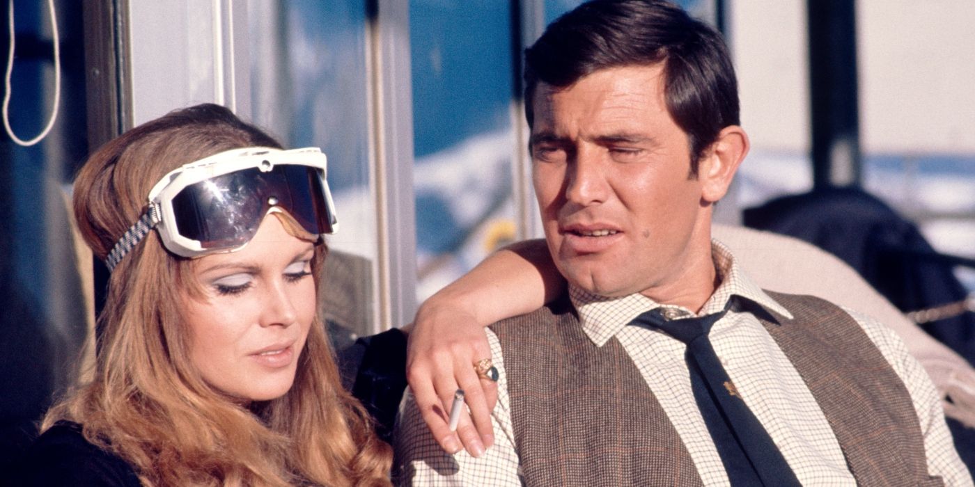 George Lazenby as James Bond sitting with Joanna Lumley's The English Girl in On Her Majesty's Secret Service 