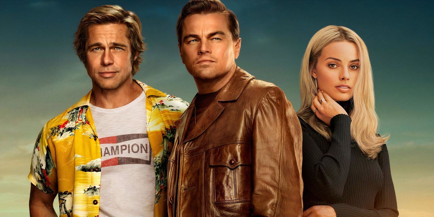 From left to right: Cliff (Brad Pitt), Rick (Leonardo DiCaprio), and Sharon (Margot Robbie) stand against a sunset backdrop