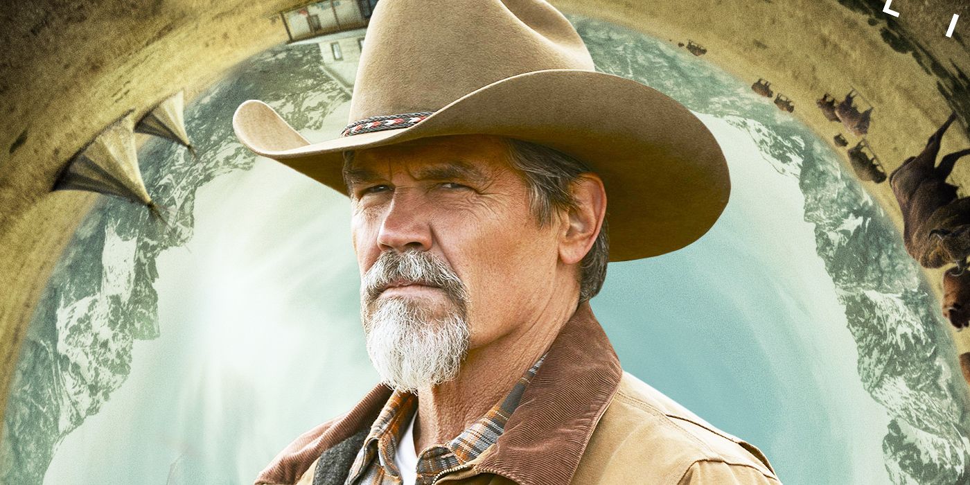 Head shot of Josh Brolin in a cowboy hat as Royal Abbott against a backdrop from Outer Range art