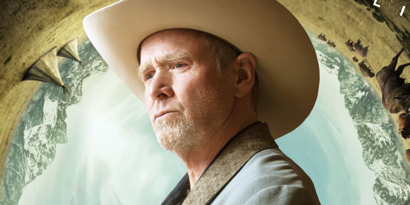 A still of Will Patton as Wayne Tillerson in Outer Range against a backdrop from the poster art