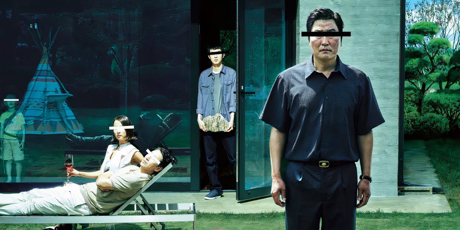 The Kim family lounges about in the backyard of the house of the Park family in a cropped closeup from the poster for Parasite. There is a sinister redacted line superimposed over every person’s eyes.