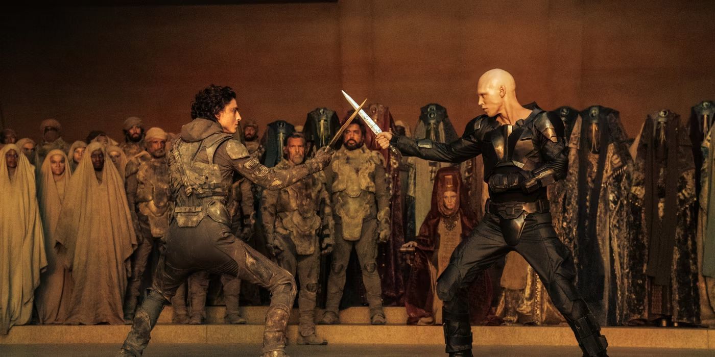 Paul Atreides (Timothee Chalamet) faces off with Feyd-Rautha Harkonnen (Austin Butler) in 'Dune: Part Two'