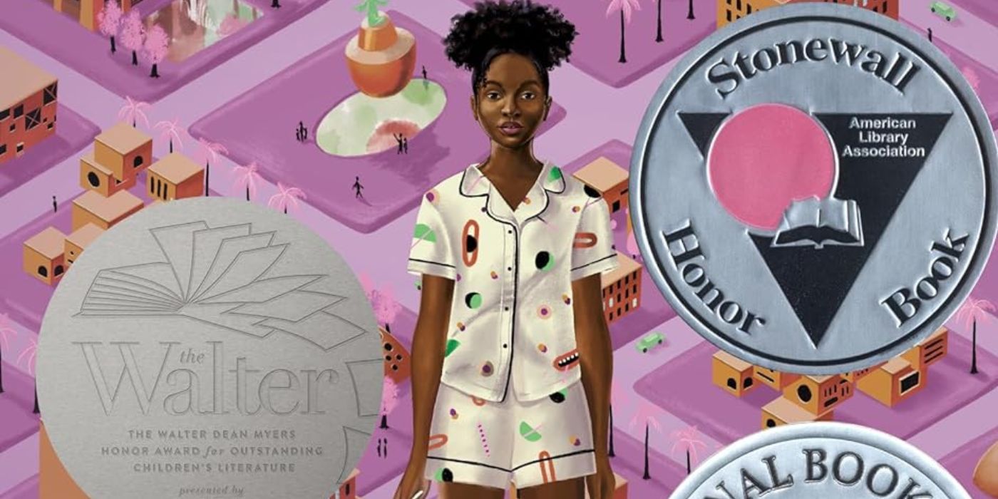 Jam, a young Black girl, stands in her pajamas and fuzzy green slippers. She is holding a feather in her left hand. Behind her, there is a town with brown modular buildings and purple roads. There are small black figures walking around the town. 