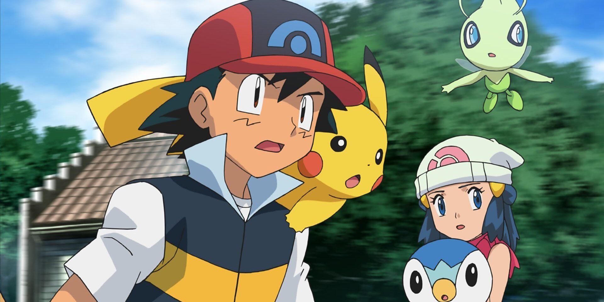 Ash Ketchum, Pikachu, Dawn, Piplup, and Celebi looking off to the right side of the frame in Pokemon: Zoroark - Master of Illusion