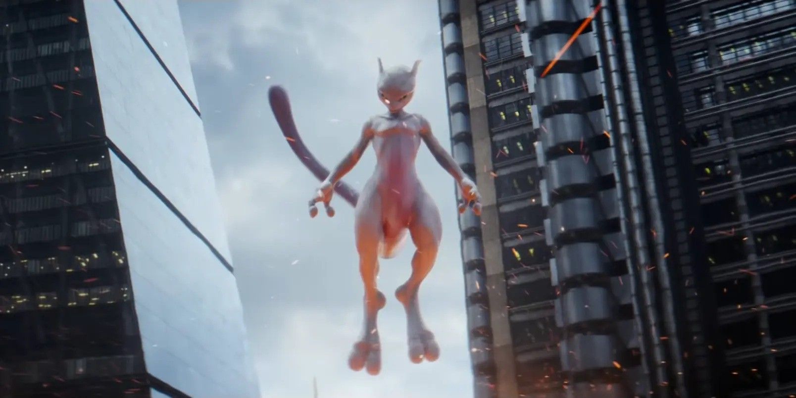 The legendary Pokémon Mewtwo floating in a city skyline in Pokémon: Detective Pikachu