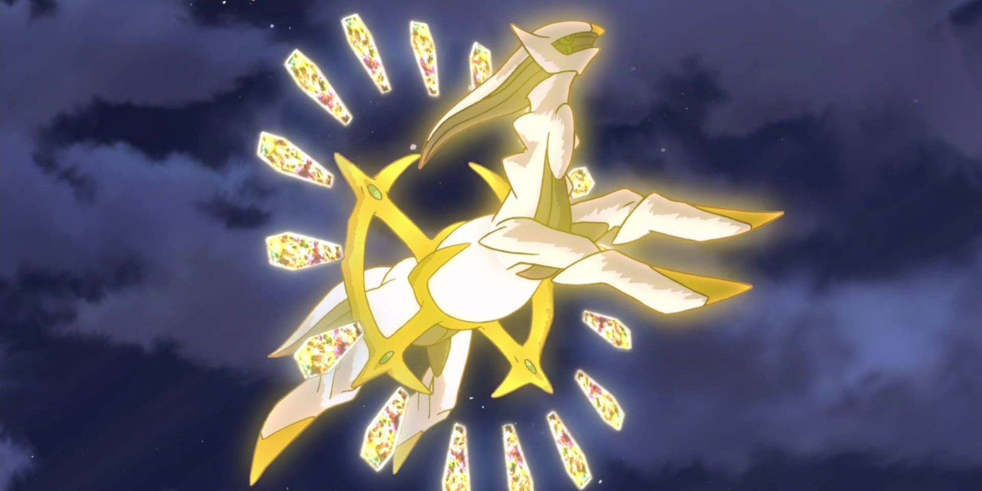 The Alpha Pokémon, Arceus, glowing and flying through the sky in Pokémon: Arceus and the Jewel of Life