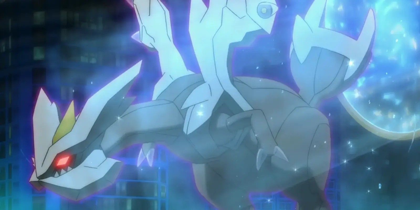 The legendary pokemon Kyurem with glowing red eyes in Pokemon the Movie: Hoopa and the Clash of Ages