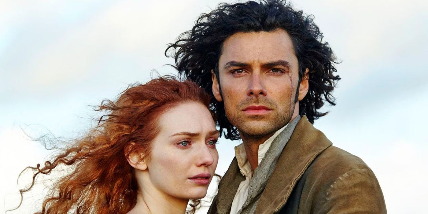 Aidan Turner and Eleanor Tomlinson embracing in Poldark