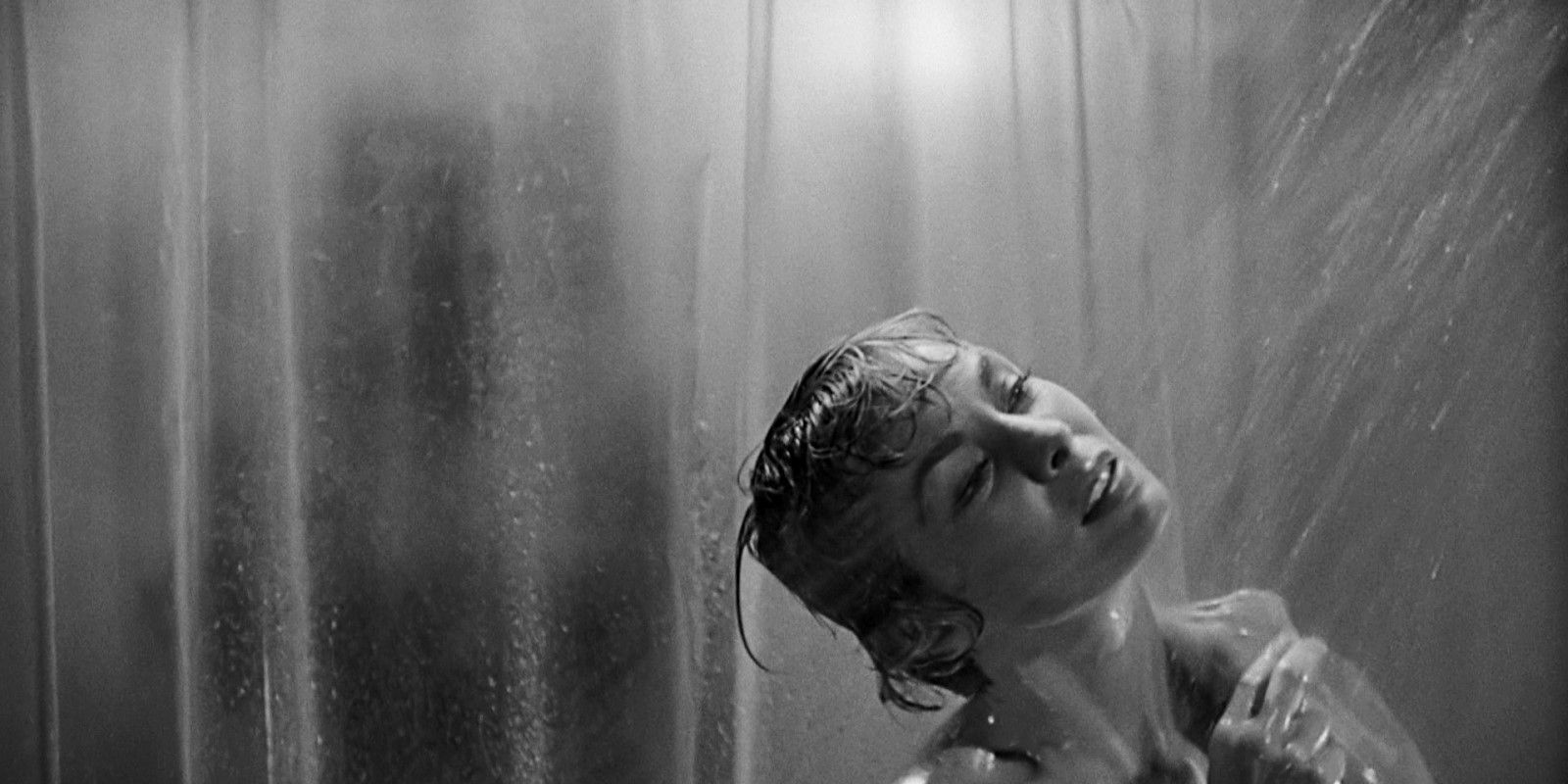 Marion Crane (Janet Leigh) taking a shower as a shadow approaches in 'Psycho'