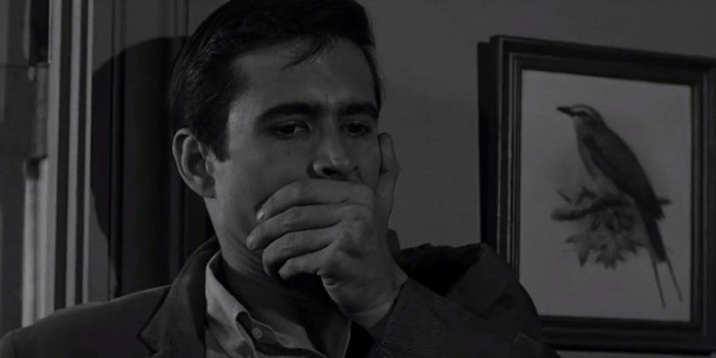 Norman Bates (Anthony Perkins) is shocked after looking in the bathroom in 'Psycho'