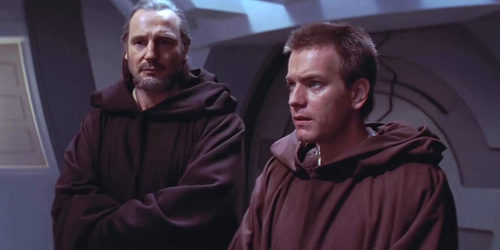 Liam Neeson and Ewan McGregor stand side by side as Qui-Gon Jinn and Obi-Wan Kenobi in Star Wars: Episode 1 - The Phantom Menace