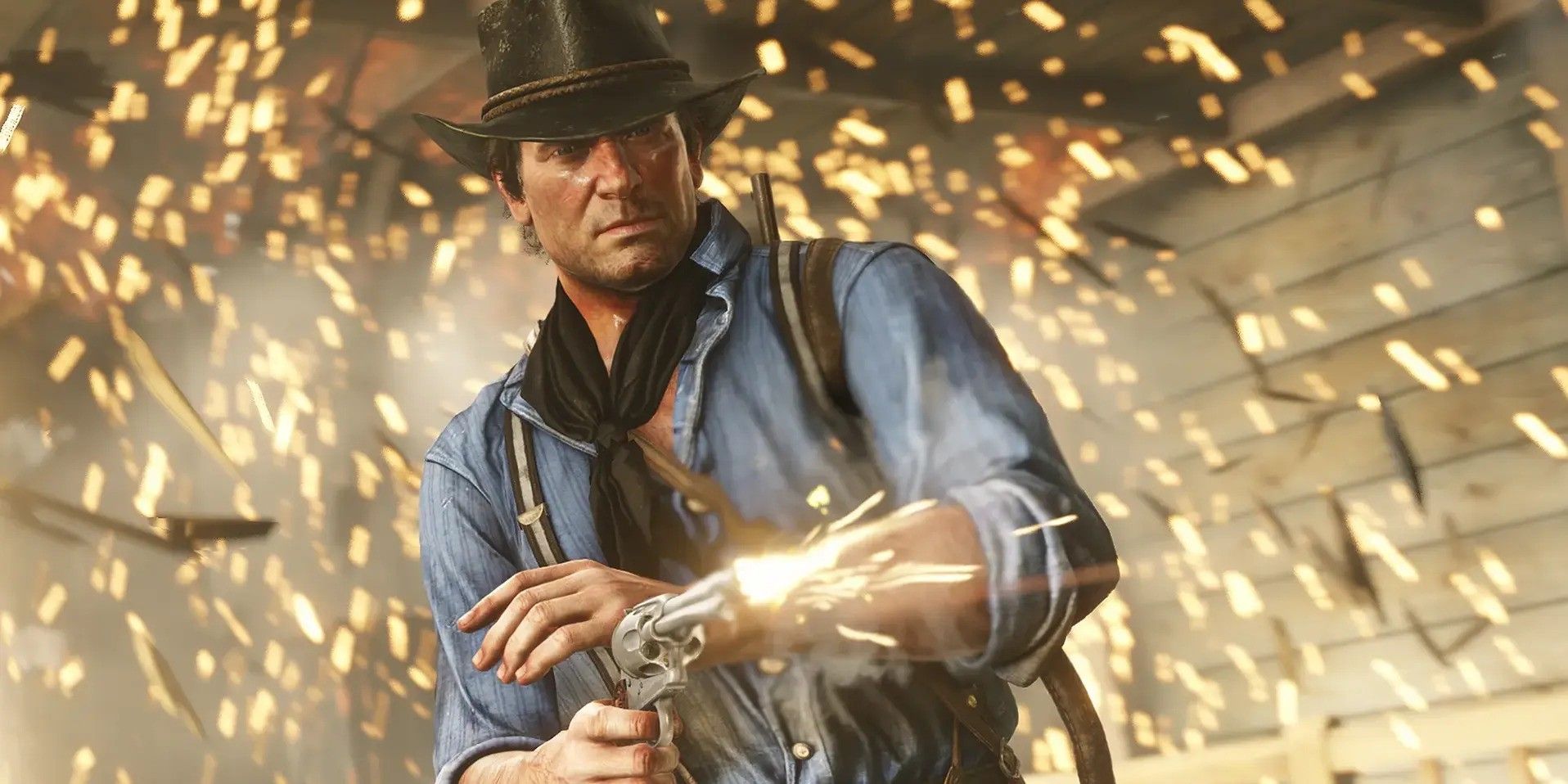 Arthur Morgan firing his revolver while surrounded by sparks in Red Dead Redemption 2