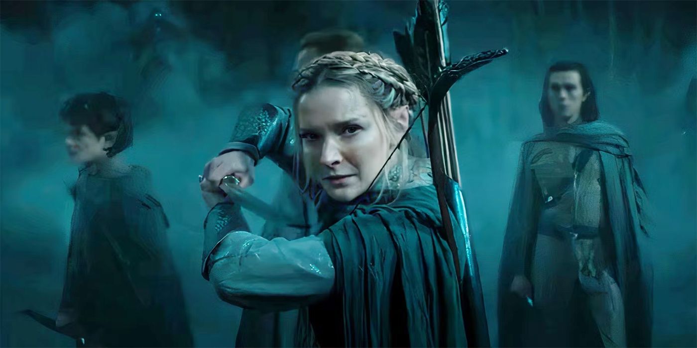 Galadriel (Morfydd Clark) raising a sword in The Lord of the Rings: The Rings of Power 