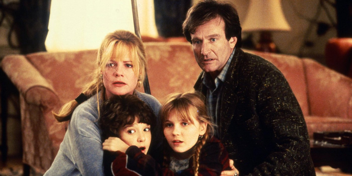 Sarah, Peter, Judi, and Alan embracing and looking scared in Jumanji (1995)