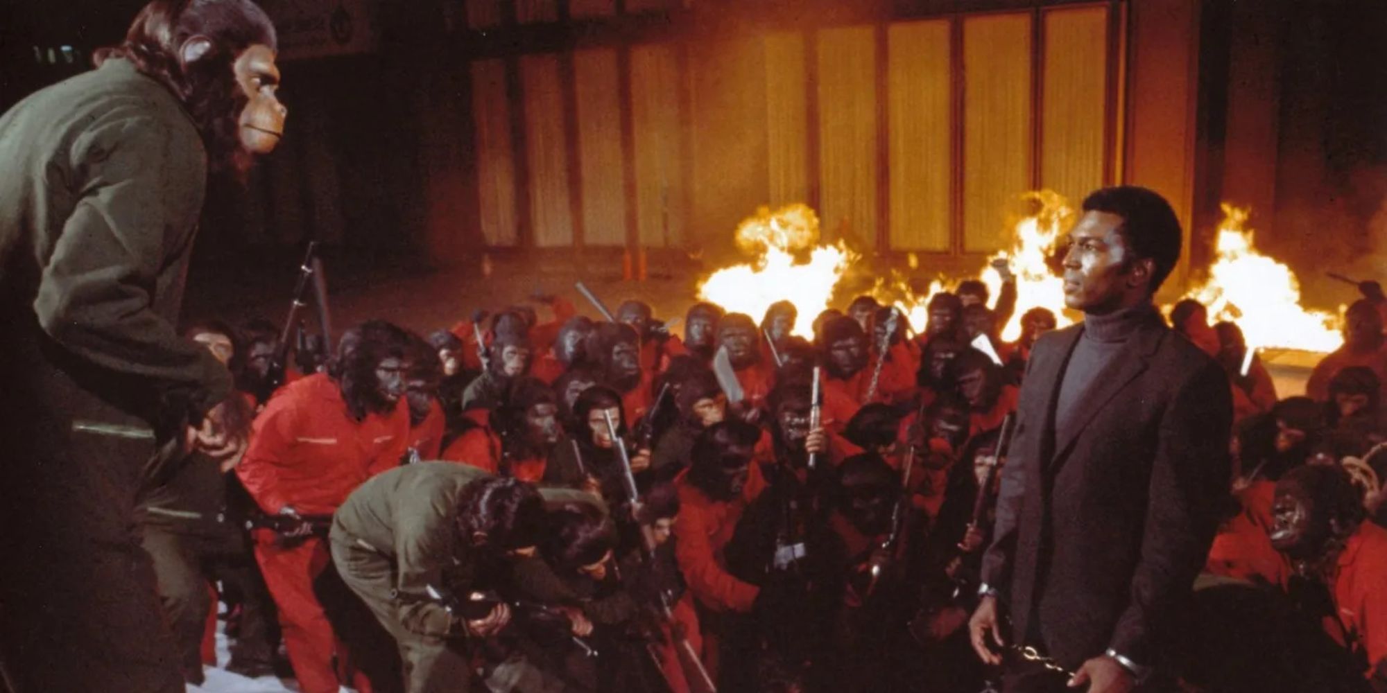 Caesar and the apes rioting in Conquest of the Planet of the Apes