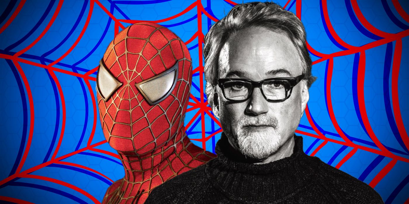 A custom image of David Fincher and Spider-Man in front of a red/blue Spider-Man background