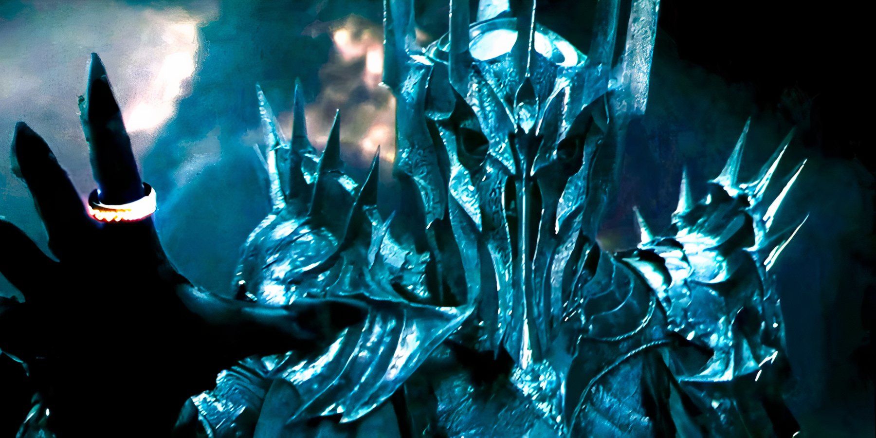 The Dark Lord Sauron, wearing the One Ring, reaches menacingly towards the camera in the prologue of The Lord of the Rings: The Fellowship of the Ring.