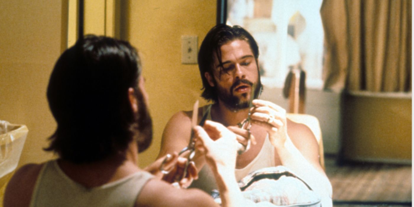 Brad Pitt as Early using scissors in hotel room in 'Kalifornia'