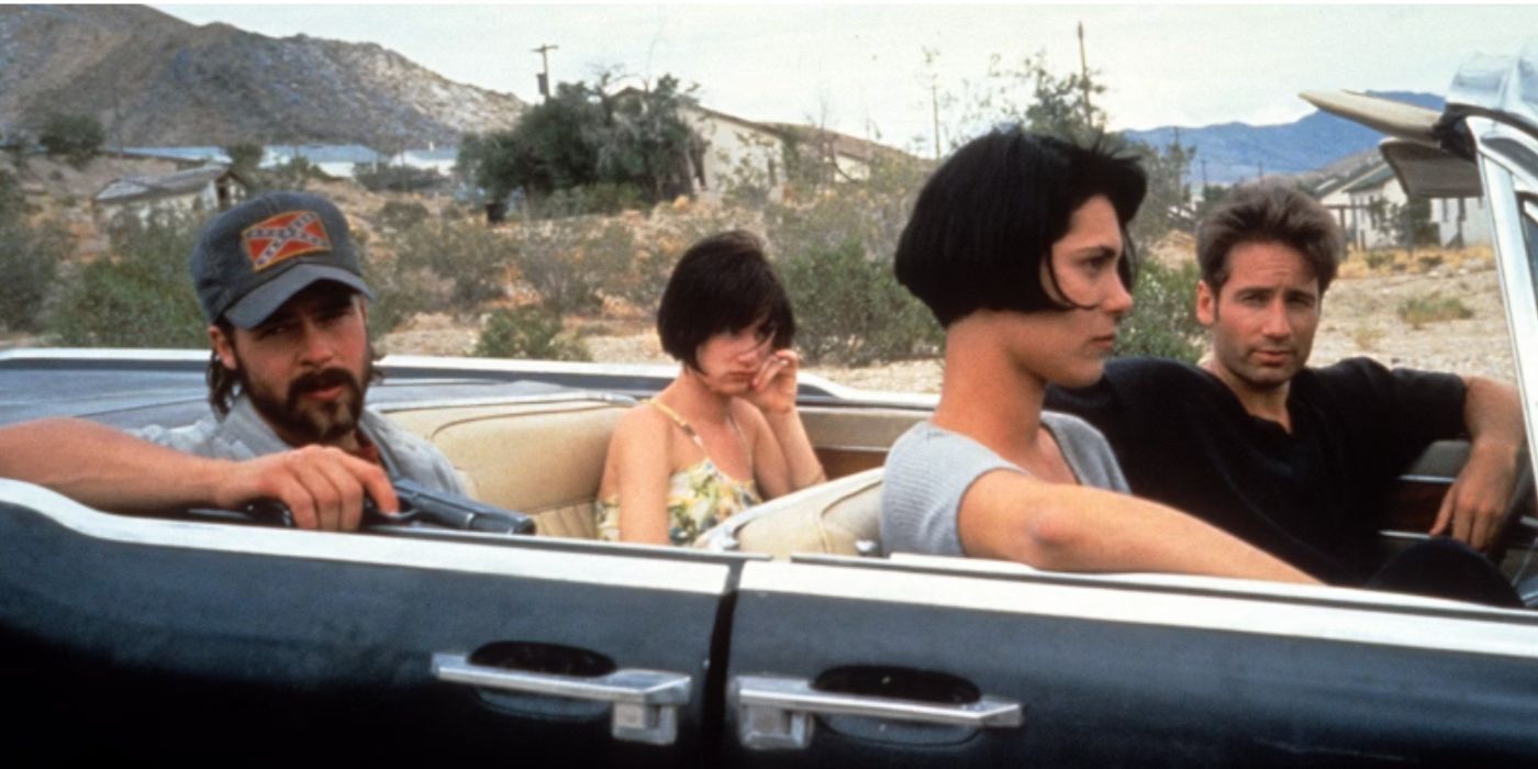 Brad Pitt, Juliette Lewis, David Duchovny and Michelle Forbes driving in a car outside in 'Kalifornia'