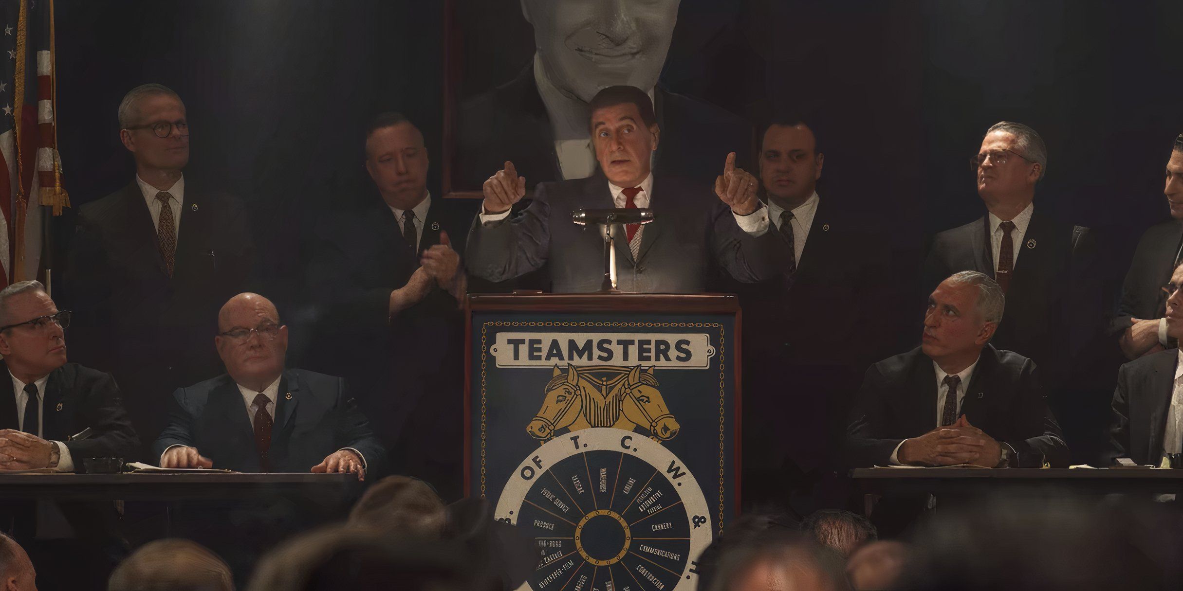 Alp Pacino as Jimmy Hoffa in The Irishman, delivering a fiery speech to the Teamsters