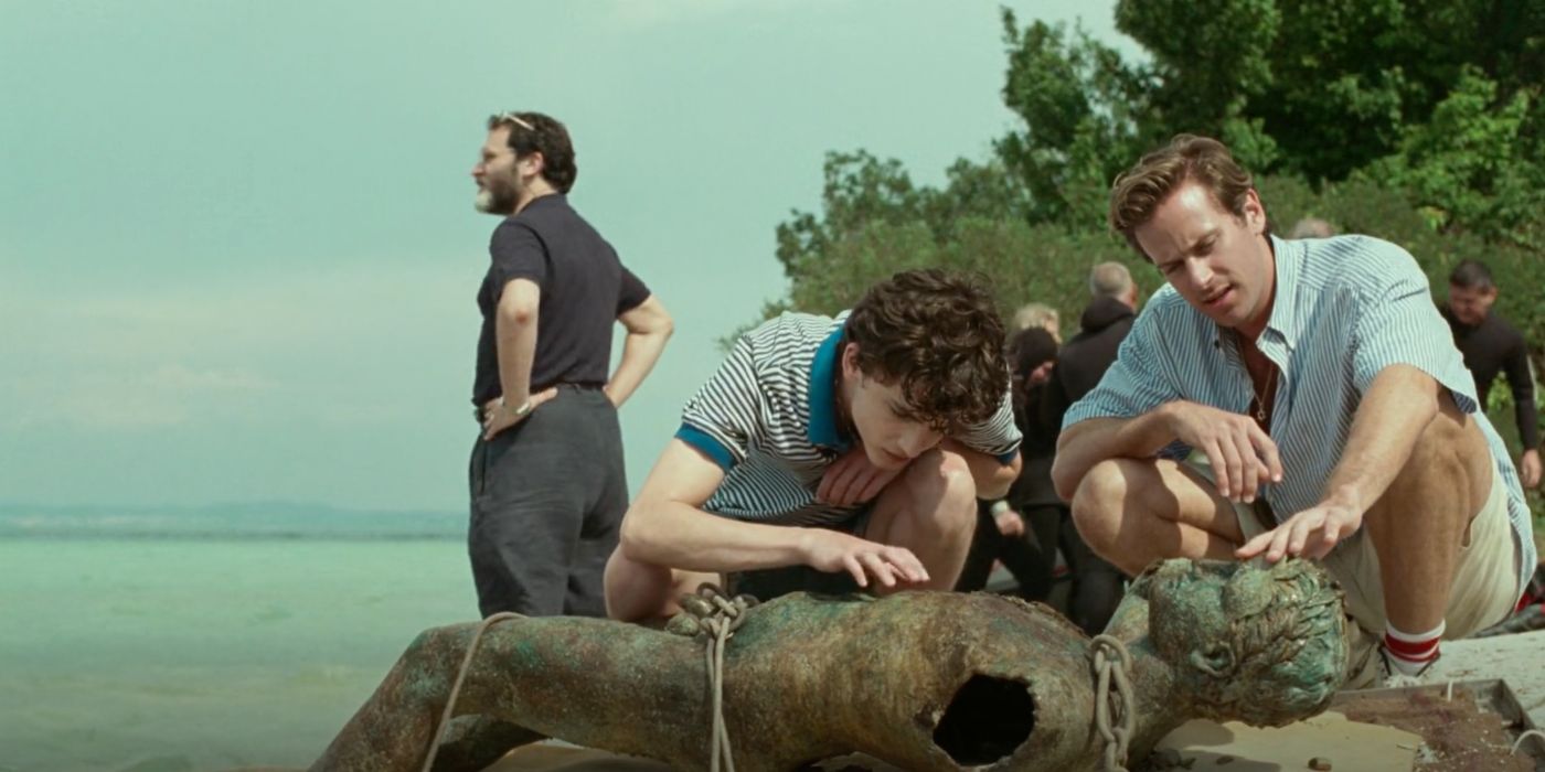 Michael Stuhlbarg, Timothée Chalamet, and Armie Hammer in Call Me by Your Name (2017).